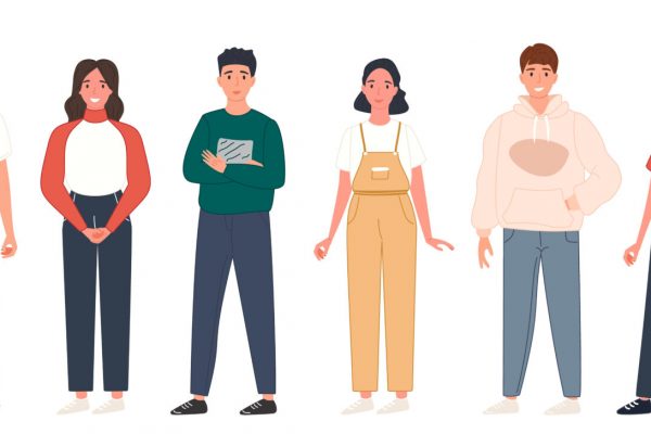 Diverse people group standing together on isolated white background. Happy young men and women character set. Vector illustration different citizen
